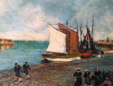 Tableau huile sur toile signé Mahut ?, retour de pêche port Bretagne