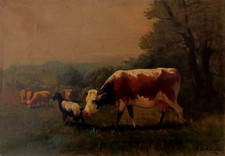 TABLEAUX HST XIX EME  VACHES CHEVRES DANS LE PRE SIGNE DANIEL