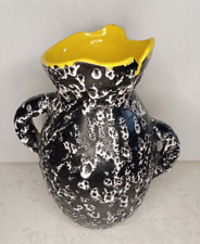 VASE céramique noire bullée LUNETTA VALLAURIS intérieur jaune, col à découpes BE