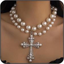Pearl Cross Necklace Big Cross Pendants Necklaces for Women Chunky Pearl Necklac