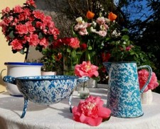 Antique french enameled pitcher & strainer white blue marbled no coffee pot 1930