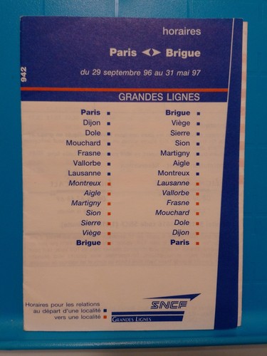 Horaires paris brigue 1996 - horaires,