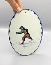 Carrelage faience ovale peint à la main WORKUM Pays-Bas scène patin à glace 