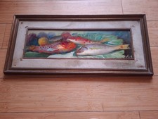 TABLEAU ,  HUILE SUR PANNEAU ; NATURE MORTE  POISSONS  ( SIGNE ) ,RASQUASSE ETC
