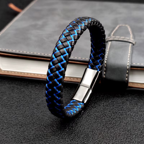Bracelet cuir tressé bleu - bracelet,
