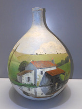 -RARE BOMBONNE DAME JEANNE VERRE PEINT décor PAYSAGE NAÏF non signé COLLECTION D