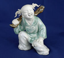 CHINE Statuette Enfant Chinois Porcelaine Emaillée Céladon Chinese Child Figur