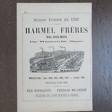 GRAVURE PUBLICITE ANCIENNE 1898 MAISON HARMEL FRERES VAL DES BOIS FILATURE LAINE