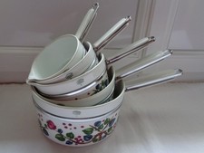 SERIE DE 5 CASSEROLES PORCELAINE FRUGIER ALUMINITE LIMOGES DECOR FEUILLAGES