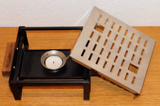 vintage SUPPORT BOUGIE RECHAUD CHAUFFE PLAT design nordique 1980 METAL INOX BOIS