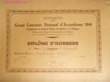 DIPL375 - DIPLOME D'HONNEUR CONCOURS D'ACCORDEONS OTTIGNIES 1941 BELGIQUE