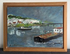 Roland Dubuc. Péniche sur la Seine, environ de Rouen Normandie. Huile sur toile.