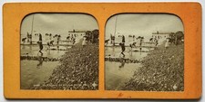 FRANCE Le Tréport La Plage c1880 Photo Stereo Diorama Vintage Albumine P80L1n