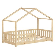 Lit enfant cabane 80x160 cm naturel massif couchage antichute sommier à lattes