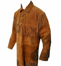 Manteau traditionnel en cuir daim pour hommes veste rétro à franges cowboy...