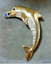 Vintage Vie Marine Dauphin Attraper Strass Bleu Balle Or Ton Broche