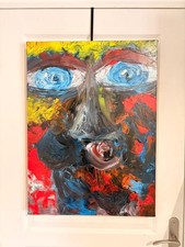 Tableau Peinture Huile Toile Abstrait Visage Animal Seins Nue Femme Signé DAUMEL