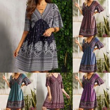 Robe De Plage Trapèze Pour Femmes Col En V Imprimé Bohème Décontractée Baggy /