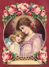 Très Rare Grand Chromo Decoupis  Magnifique Bébé Fille&Grande Sœur Cadre De Rose