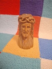 Ancienne Statuette Petit Buste Tête du Christ Jesus en Bois Sculpté  