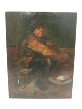 Ancien tableau, huile sur panneau : " L'homme au brasero "