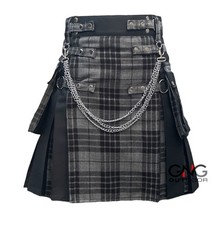 Kilt Utilitaire Écossais Gothique Gris Tartan Avant Taille 28-62