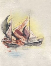 JEAN MARZELLE En Hollande - Le Vent Souffle Dans Les Filets gravure 1964