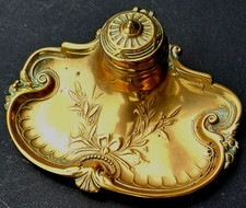 Ancien ENCRIER de bureau LAITON  Décor Végétal  fin XIXe