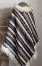 Poncho vintage châle vintage laine tissée beige marron