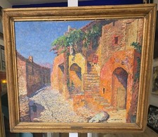 Tableau huile rue du Soleil Collioure signé Adrien Hamon (1875-1963)