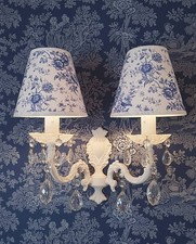 Shabby - Applique Ancienne en laiton patinée avec Abat-jour fleuris et Pampilles