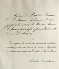 ADRIEN DE JARNAC Noemi Duchemin FAIRE PART MARIAGE Perrotte Paris 1881