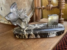 Ancien Encrier Art Déco Marbre Et Régule Argenté Poissons 