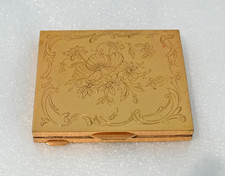Poudrier vintage et son miroir rectangulaire en laiton doré et gravé de fleurs