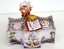 ENCRIER ECRITOIRE à Tiroir et Bougeoir Faïence Emaillée Paysages Marins XIXème