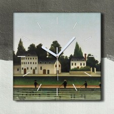 Horloge murale sur toile 30x30 Peinture ville pêcheur rivière Henri Rousseau