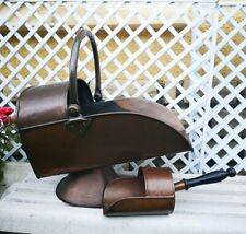 Rare Ancien Porte Bûche Seau À Charbon En Cuivre Et Laiton Avec Pelle Cheminée