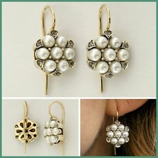 Boucles d'Oreilles en OR Jaune 14 k PERLES de Culture et DIAMANT Pendantes Femme