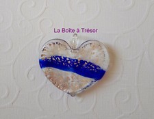 Magnifique Pendentif Grand Coeur en Verre de Murano - Feuille Argent ligne Bleue
