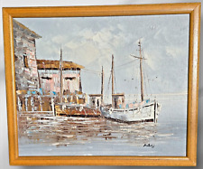 Signed Original 11"x9" Framed Oil Painting Fishing Dock Harbour Fine Art