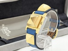 Montre HERMES Medor Cuir Bleu Or Quartz BOITE Femme Fonctionne Authentique