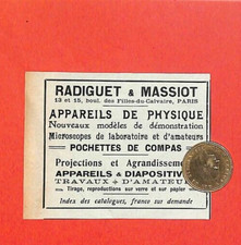PARIS / RADIGUET & MASSIOT / APPAREILS DE PHYSIQUE / TOUTE PETITE PUBLICITÉ 1910
