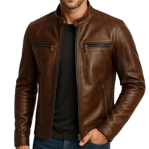 Veste cuir marron - en,