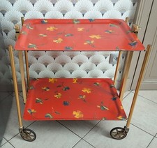 Dinette Desserte Chariot de Service Pliante Roulante Orange avec Fleurs Années70