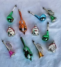 Anciennes Décorations Noël. Boules Verre Soufflé Églomisé. Pipe Trompette Maison