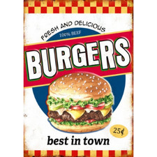 PLAQUE BURGERS BEST IN TOWN  -DECO USA / VINTAGE DINER - 40X30 -RELIEF
