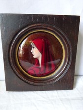 Peinture Miniature Portrait Huile Sur Cuivre femme à la robe rouge signé Bétanie