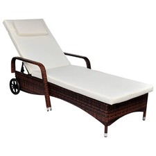Chaise Longue avec Coussin 2 Roues Marron Résine Tressée Bain de Soleil vidaXL