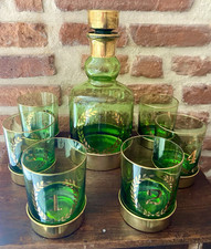 Service Vintage Carafe et 6 Verres Whisky Verre Vert  Laurier Doré Clary Paris