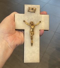 Antique French crucifix Real Italian White Marble wall Cross Jesus 6 ½” Gold
